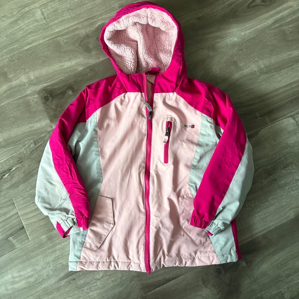 SwissTech Girls S/CH (6-6X) Pink Fuchsia Gray Winter Ski Jacket Hooded Fleece